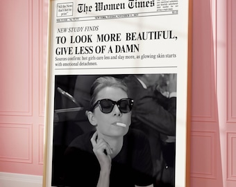 Impresión de periódico de moda, impresión de New York News, Audrey Hepburn, impresión de revista retro, titular de periódico, moda retro, póster de película vintage