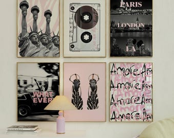 6 Trendy Girly Blush Pink Gallery, Zebra New York Paris LA London poster, Coquette preppy aesthetic wall art, leopard fashion Heels print