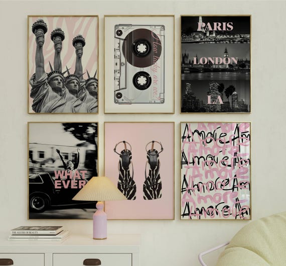 6 Trendy Girly Blush Pink Gallery, Zebra New York Paris LA London poster, Coquette preppy aesthetic wall art, leopard fashion Heels print