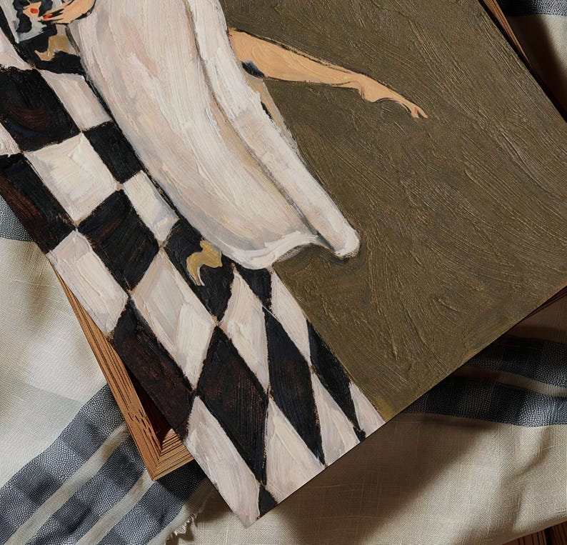 May include: An oil painting on canvas featuring a figure in a long white dress standing on a black and white checkered floor. The figure is positioned next to a solid olive green area, with visible brushstrokes and a wooden frame border.