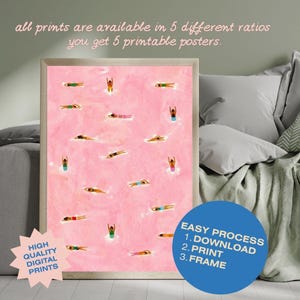 A framed digital print featuring a pink background with multiple figures floating in a pool. The figures are wearing various colored swimsuits. Text on the print reads "all prints are available in 5 different ratios you get 5 printable posters."