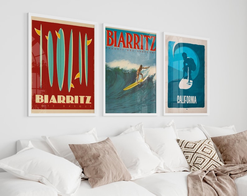 Set 6 Vintage Retro Surf Magazine Summer poster, coastal wall art sea beach house ocean cowgirl blue surfer nautical printable California