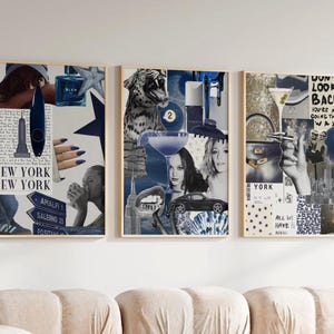 Op de afbeelding: Drie ingelijste kunstdrukken met een collage-ontwerp in tinten blauw, wit en beige. De prints tonen afbeeldingen van een luipaard, cocktails en de tekst "New York" en "Don't Look Back". Het kunstwerk wordt boven een beige bank weergegeven.