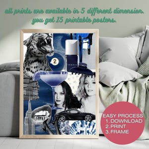 Op de afbeelding: Een ingelijste collageprint met verschillende afbeeldingen, waaronder een luipaard, een blauwe biljartbal, nagellak en gezichten van vrouwen. De print bevat ook de tekst "all prints are available in 5 different dimension. you get 15 printable posters."