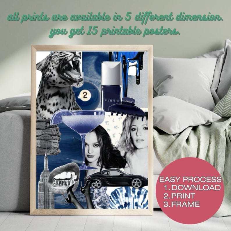 Op de afbeelding: Een ingelijste collageprint met verschillende afbeeldingen, waaronder een luipaard, een blauwe biljartbal, nagellak en gezichten van vrouwen. De print bevat ook de tekst "all prints are available in 5 different dimension. you get 15 printable posters."