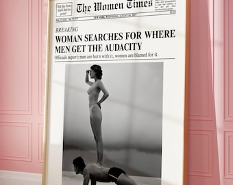 Trendy Newspaper print, New York News print, Woman searches for where men get the audacity, retro magazine print, vintage beach summer print