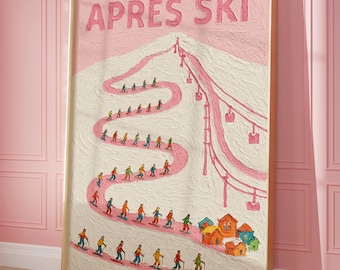 Textured Snow Skiing Wall art, Mini Skiers Illustration, Pink Girly Apres Ski poster, Winter chalet lodge decor, Tiny People Skiing Print