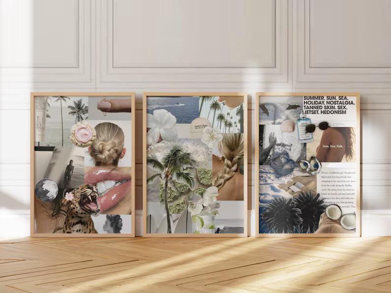 3 SUMMER AESTHETIC collage poster, coastal grandaughter aesthetic, clean girl,slow life print, fashion shuffle art, cheetah print, Y2K print