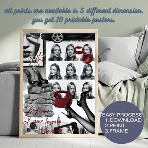 May include: A collage poster featuring black and white portraits of a woman, black high-heeled shoes, a stack of denim jeans, red lip prints, and a car wheel. The text reads: all prints are available in 5 different dimension. you get 10 printable posters. do More of your favorite things. EASY PROCESS 1.DOWNLOAD 2.PRINT 3.FRAME