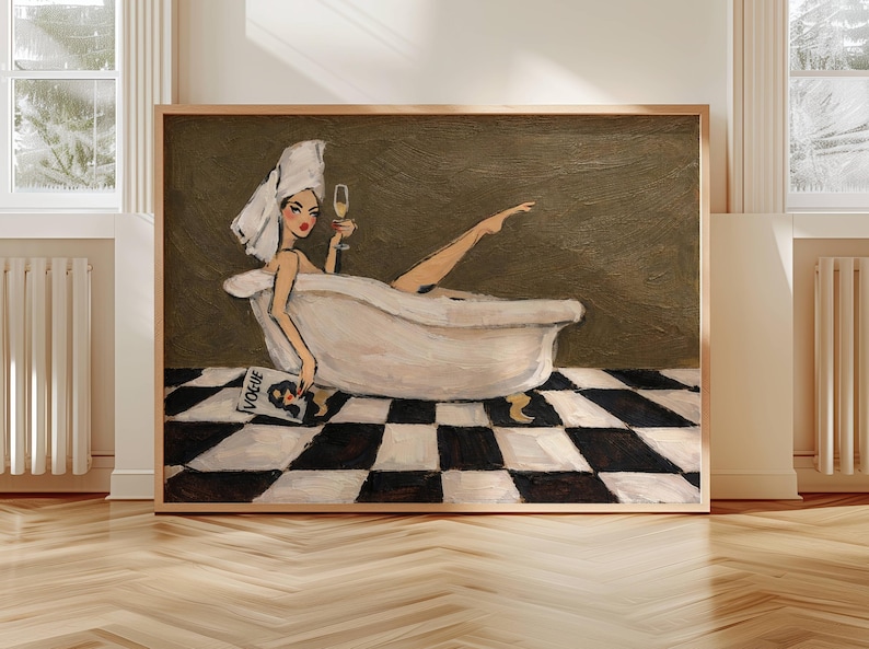Woman Bath Art, Bathroom Wall Art Print, Girl Painting, Bathroom Decor, Feminine Self Care Decor, Pink Bathtub, Modern Art Print
pink ruby checkered oil painting poster
woman relaxing in bathtub oil painting