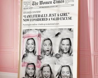 Trendy krantenprint, I am just a Girl, roze flirt preppy girly esthetiek, krantenkop New York News Magazine, girly roze strikposter