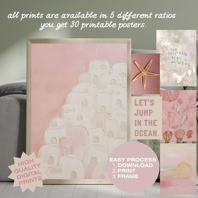 May include: A framed pink and white digital print featuring a textured illustration of white buildings. The image includes additional smaller prints with a starfish, seashells, and text that reads "LET'S JUMP IN THE OCEAN."
