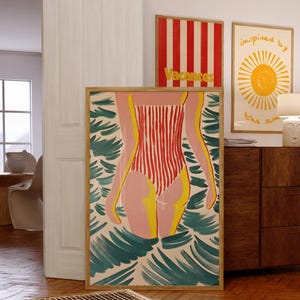 Póster de verano dibujado a mano, estampado de bikini, ilustración del sol, estampado de rayas de vacaciones francesas, estética de nieta costera, decoración de habitación de playa