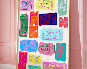hand drawn TICKET PRINT, retro good times ticket poster, Trendy Wall Art, Retro Print, Life Ticket Stub Poster, Dorm Room Decor, Preppy room