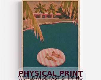 Pink Float Club PHYSICAL Fine Art Print - Hand drawn Contemporary High Society Beach Poolside Oil Painting Summer Wall Art Poster