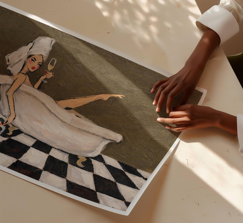 May include: A rectangular art print featuring a stylized painting of a figure in a white towel wrap and head turban, sitting in a bathtub while holding a glass of champagne. The floor has a black and white checkered pattern against a dark olive background.