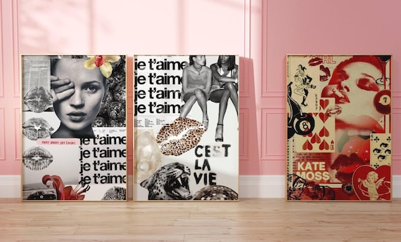 Set of 3 girly cheetah collage poster, fashion moodboard shuffle art, visual board, leopard Magazine print, Kate Moss print, Y2K poster