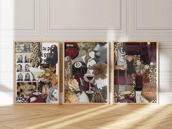 3 femme fatale collage poster, kate moss poster, leopard boot poster, shuffle art, 90s fashion moodboard, cheetah print, Y2K dorm decor