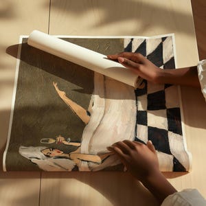 May include: A rolled art print featuring a painted illustration of a person relaxing in a bathtub with a glass of champagne. The scene includes a black and white checkered floor pattern, a dark olive background, and a white towel wrapped around the head.