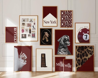Trendy Cherry Red Gallery Wall Set of 12: Leopard, Cheetah, Luxury Fashion, Stockholm aesthetic & C'est La Vie Prints (Digital Download)