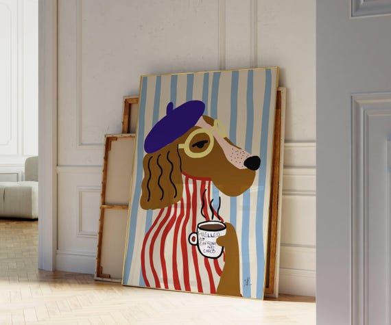 Funny dog poster, Hand-drawn illustration, coffee poster, dog drawing, maximalist kitchen print, coffee bar decor, humor poster, bauhaus art