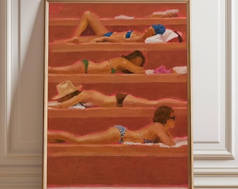 May include: A framed painting depicting four figures lying on tiered, reddish-brown steps. The figures wear various swimsuits, including blue, green, and patterned designs, with accessories like a blue head covering and a tan sun hat visible.