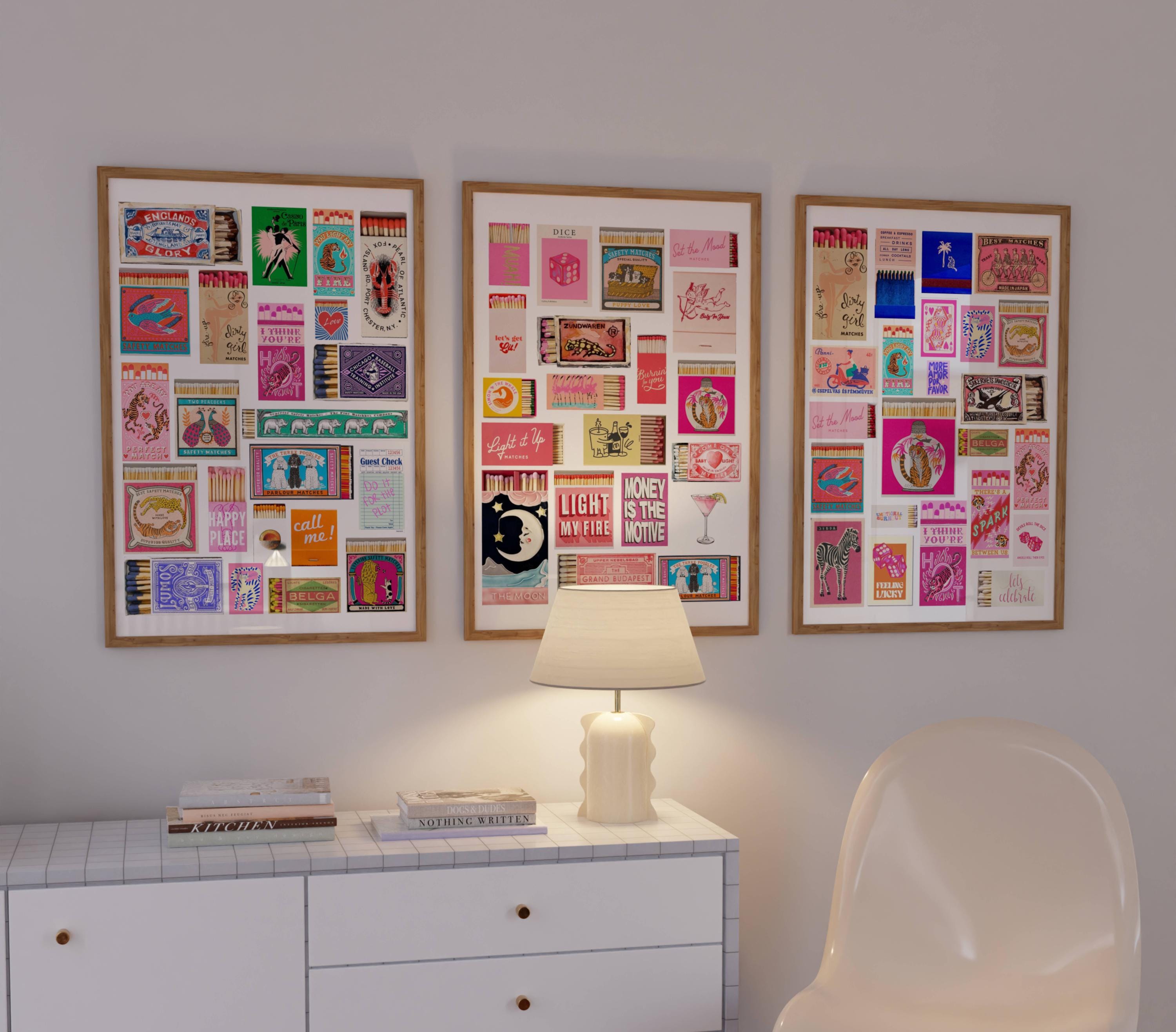 3 Colorful Vintage Matchbook Print, Retro Pink Matches Wall Art, Funky ...