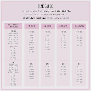 May include: A digital size guide chart with a light pink border and background. The text reads SIZE GUIDE, You will receive 5 ultra high resolution JPG files at 300-1000 DPI that can be printed to all standard print sizes of the following ratios.