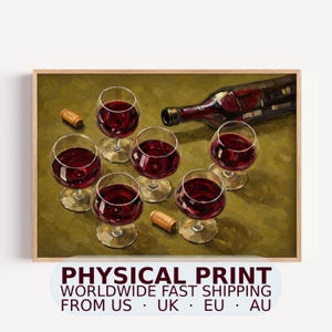 Puede incluir: Una pintura al óleo que muestra cinco copas de cristal transparente llenas de vino tinto oscuro, dispuestas alrededor de una botella de vino de cristal oscuro tumbada. Dos corchos de color marrón claro están cerca de las copas sobre una superficie.