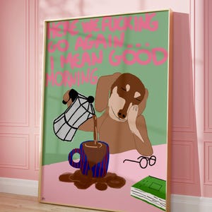 Minimalistischer Hund, Kaffee Kaffee Kaffee Poster, Handgezeichnete Hunde Illustration Wandbild, Kaffee Bar Dekor, Küchendekor, Espresso Druck