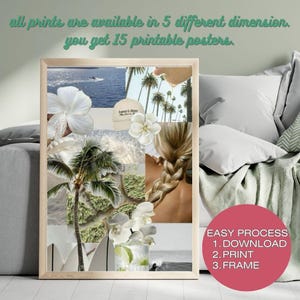 Puede incluir: Un p&oacute;ster de collage con im&aacute;genes tropicales que incluyen flores de hibisco blancas, palmeras, una gorra de b&eacute;isbol beige, una trenza rubia y olas del mar. El texto superior dice: all prints are available in 5 different dimension. you get 15 printable posters.