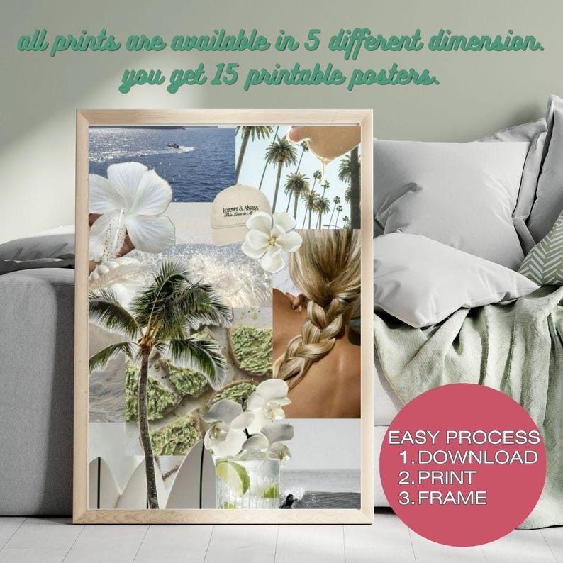 Puede incluir: Un p&oacute;ster de collage con im&aacute;genes tropicales que incluyen flores de hibisco blancas, palmeras, una gorra de b&eacute;isbol beige, una trenza rubia y olas del mar. El texto superior dice: all prints are available in 5 different dimension. you get 15 printable posters.