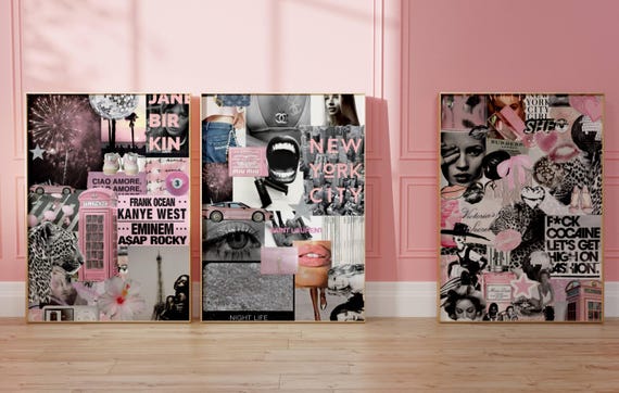 3 luxury FASHION collage poster, vision board print, black white pink fashion shuffle art, trendy cheetah print, 90s fashion, dorm decor