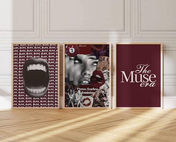Set 3 Trendy Cherry Red Luxury Fashion Collage Prints: Burgundy Leopard Poster, Stockholm & Femme Fatale aesthetic, Girly Dorm Room Decor