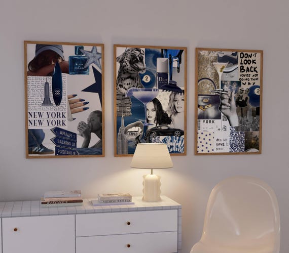 3 NAVY BLUE aesthetic collage poster, trendy blue wall art, pinterest shuffle art , 90s fashion poster, Y2K dorm room decor, chanel poster