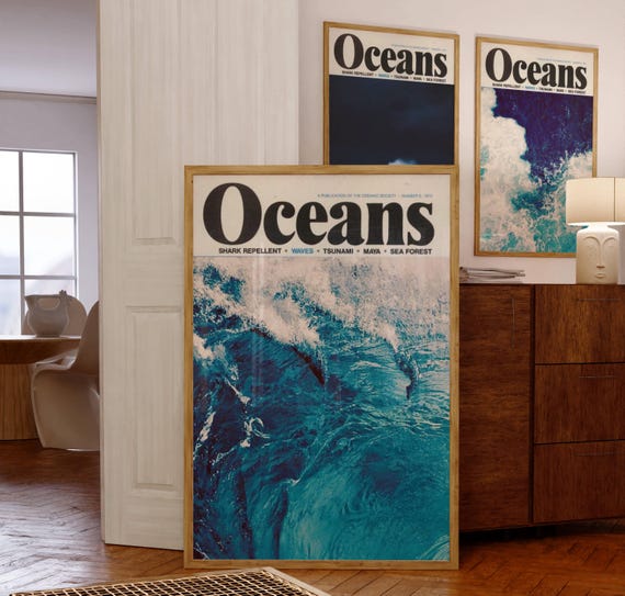 3 Retro Ocean vintage Magazine cover poster, coastal wall art, east coast beach house, blue surf print, beachy room decor, ocean is calling