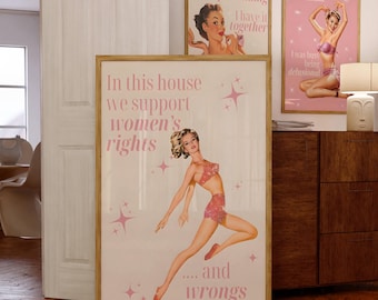 Pôster com estampa retrô rosa de mulher, citação engraçada e delirante, arte de parede vintage feminista e moderna para dona de casa, estilo pin-up dos anos 60 e 70, decoração feminina e preppy para dormitório.