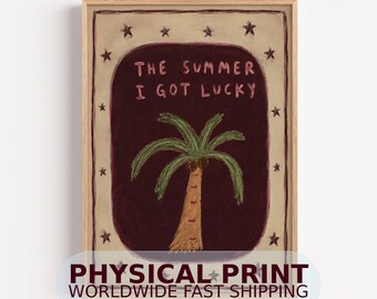The Summer I Got Lucky PHYSICAL Fine Art Print - Hand drawn Retro Beach Palm Tree Oil Painting Summer Wall Art Poster