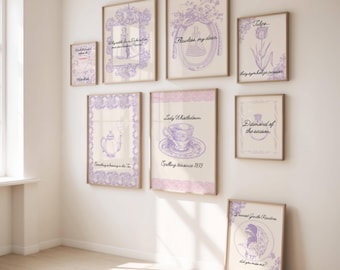 8 Bridgerton inspired quote Poster, Regency era, Romantic era, Purple coquette wall art, dormroom decor, queen duke, tea party, renaissance
