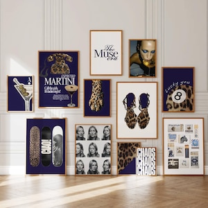 12 Trendy Navy Blue Leopard Gallery, Lucky 8 ball cheetah poster, Cosmopolitan print, Fashion Heels poster, Matchbox & Skateboard wall art
