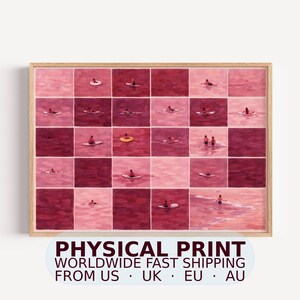 May include: A rectangular wall art print featuring a grid of squares in varying shades of pink and deep red. Each square depicts a small figure swimming, surfing, or floating on a tube in water, creating a repetitive, mosaic-like composition.
