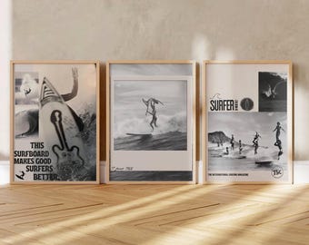 3 vintage Surfer magazine poster, coastal cowgirl, surfs up print, beachy room decor, retro surfing photography, surfboard, east coast print