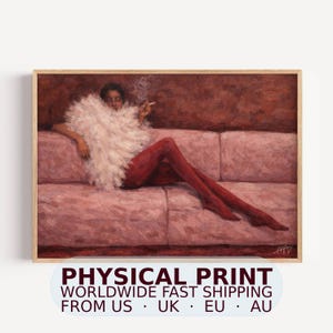 The Last Cigarette | PHYSICAL Fine Art Print - Hand Drawn Contemporary Modern Woman on Ruby Sofa Oil Painting wall art