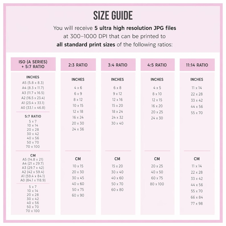 May include: A size guide chart with a light pink border and white background. It lists five high-resolution JPG files with various print ratios including ISO A-series, 2:3, 3:4, 4:5, and 11:14, providing corresponding dimensions in inches and centimeters.