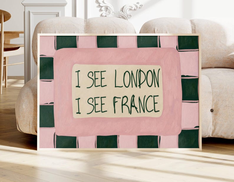 Impresión con cita "Veo Londres, veo Francia", arte de pared para baño divertido y horizontal, pintura al óleo texturizada a cuadros manuscrita retro para inodoro imagen 10
