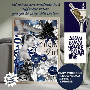 Puede incluir: Un p&oacute;ster de collage digital con un retrato en blanco y negro, un leopardo, una bola de discoteca, flores azules, un lazo y el texto Lucky Girl. Incluye texto que indica que todas las impresiones est&aacute;n disponibles en 5 ratios, 15 p&oacute;steres.