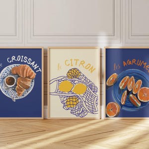 3 Franse etensposter, keukendecor, handgetekende kunst, fruitprint, citroenzakprint, croissantposter, koffieprint, ontbijtprint, Bauhaus