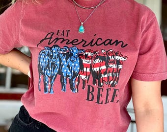Eat American Beef Unisex Comfort Colors garment-dyed heavyweight t-shirt; Patriotic America Farmer Rancher Gift Independence Day Rural Life