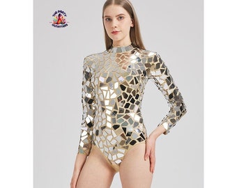 Handmade Raquel Mirror Dress Festival Outfit for women Silver mirror bodysuit Rave Dancer Halloween Mirror bodysuit sequins party mini dress