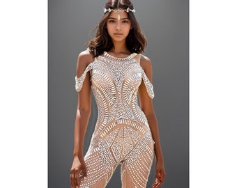 Handgefertigter Strass Overall Festival Outfit Damen Rave Tänzer Catsuit Outfit Musik Konzert Party Kleid Pailletten Spiegelkleid Bühne Body